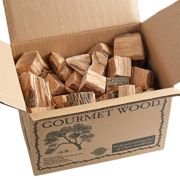 A box of hickory wood chunks with a label that says gourmet wood.