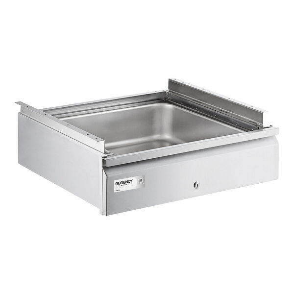 A stainless steel drawer with a self-closing mechanism and a lock on the front.