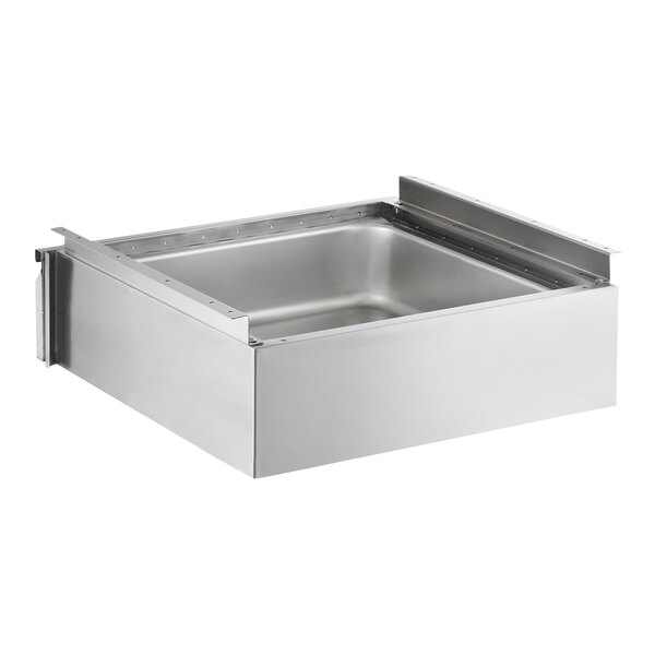 A stainless steel rectangular drawer with a deep basin and raised edges, designed for installation in cabinetry or equipment.