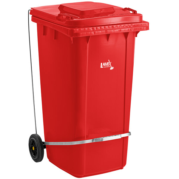 Lavex Janitorial 64 Gallon Red Wheeled Rectangular Trash Can with Lid