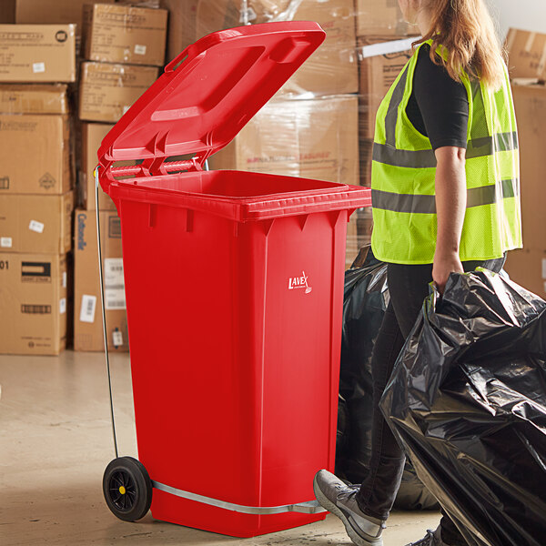 Trash Can 64 Gal Rectangle Polyethylene with Wheels and Attached Hinged Lid 
