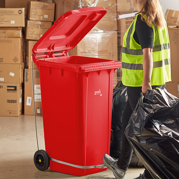 Lavex Janitorial 64 Gallon Red Wheeled Rectangular Trash Can with Lid