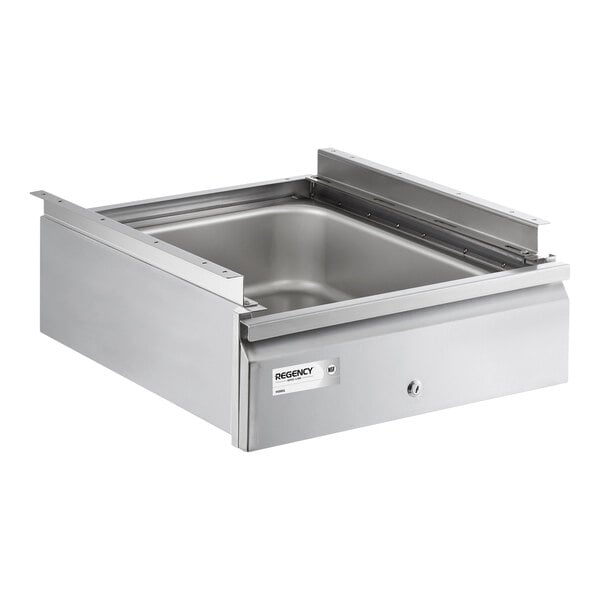 A stainless steel self-closing drawer with a lock and a recessed handle, shown partially open.