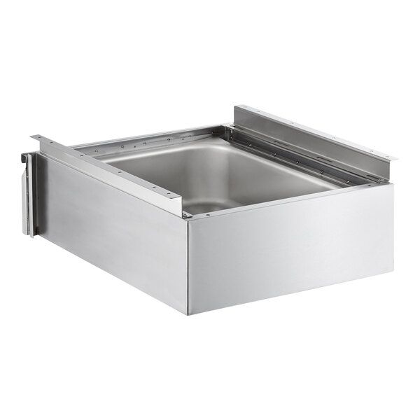 A stainless steel rectangular drawer with a deep basin and metal front panel, featuring mounting brackets on the sides.