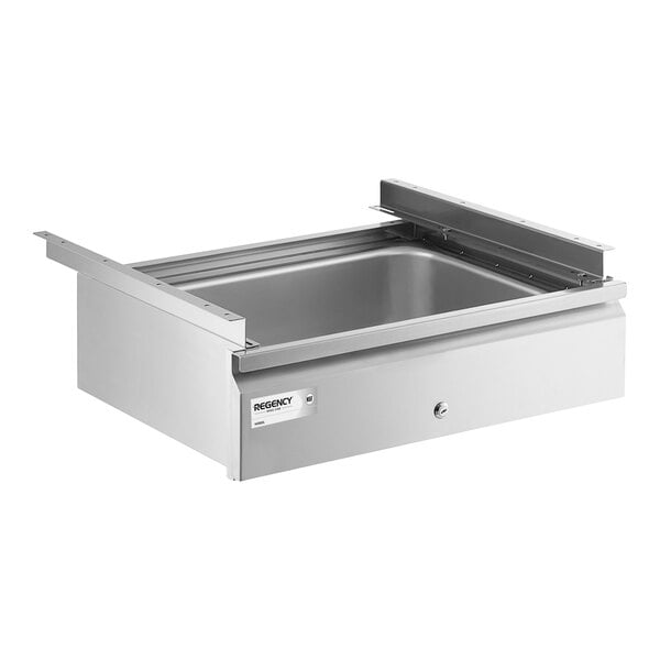 A stainless steel drawer with a lock and self-closing mechanism, shown partially open.
