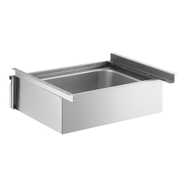 A rectangular stainless steel drawer with a deep interior and metal rails on the sides and back.