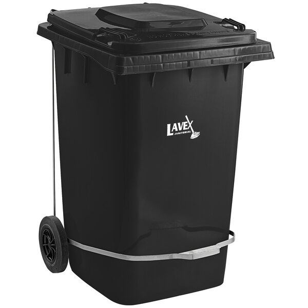 Lavex Janitorial 95 Gallon Black Wheeled Rectangular Trash Can with Lid