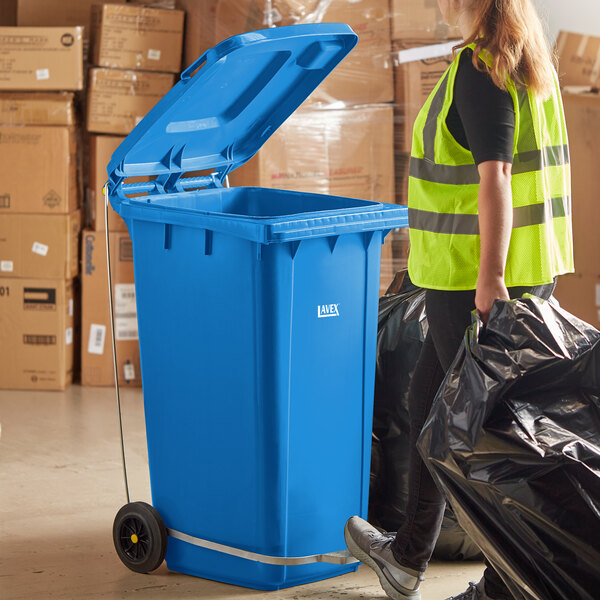 Lavex 64 Gallon Blue Wheeled Rectangular Trash Can with Lid and Step-On Attachment