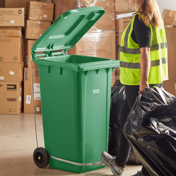 Lavex 64 Gallon Green Wheeled Rectangular Trash Can with Lid and Step-On Attachment