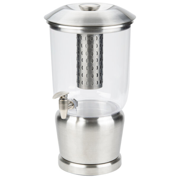 A stainless steel Tablecraft beverage dispenser with a glass lid.