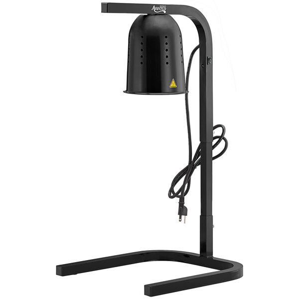 An Avantco black free standing heat lamp with a wire.