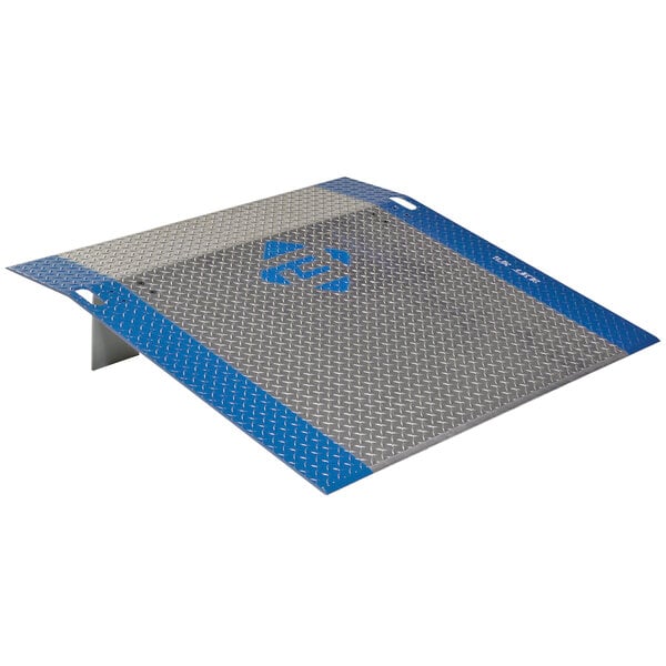 A metal Bluff Manufacturing dock plate with blue and grey stripes on the edges and a logo.