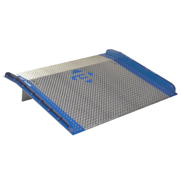 A silver metal Bluff Manufacturing dock board with bolt-on blue steel curbs.