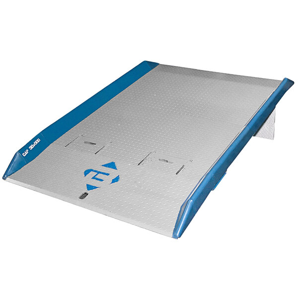A blue and silver rectangular steel dock board with a blue logo on it.
