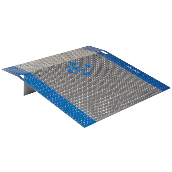A metal Bluff Manufacturing dock plate with blue stripes and a grey logo.