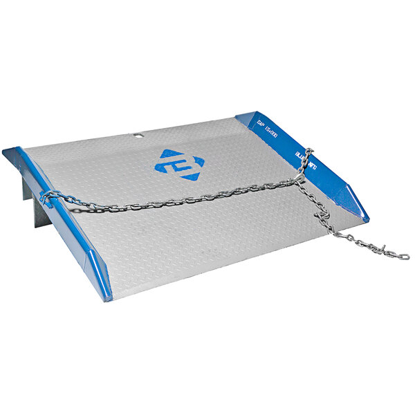 A grey and blue metal dock plate with lift chains.