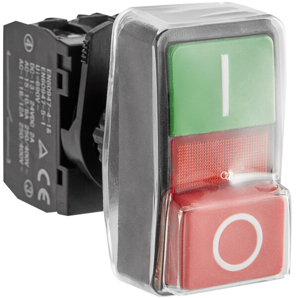 An Avantco switch with a black and green push button.