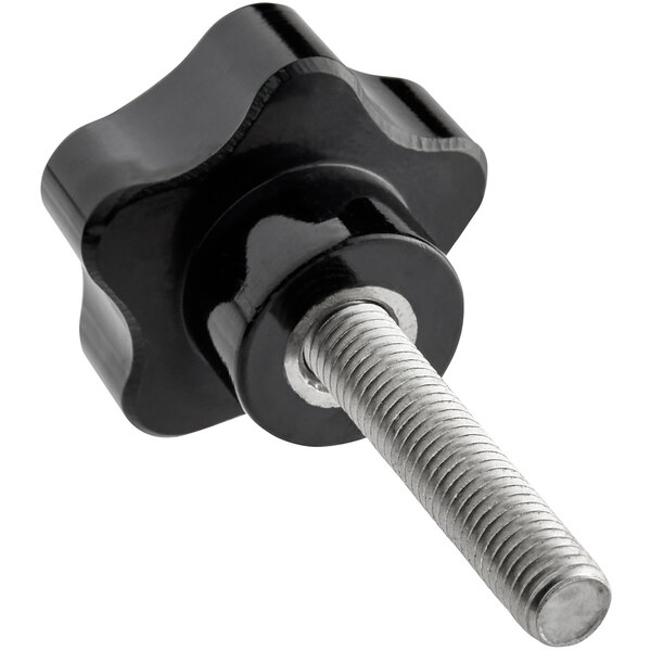 A black plastic knob with a silver bolt.