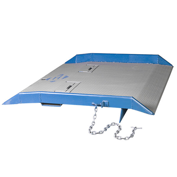 A large blue and silver metal platform with chains attached to it.