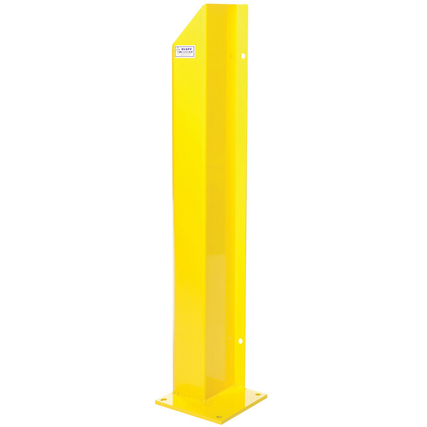 A yellow metal post with a white label.
