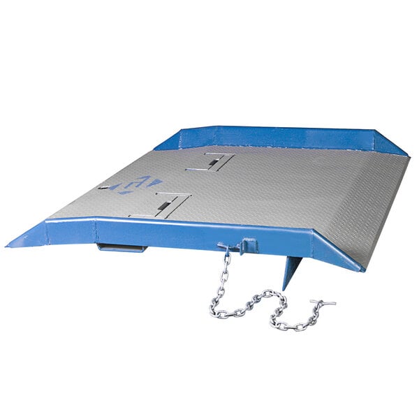 A large blue and silver metal platform with chains attached.