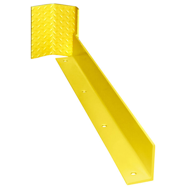 A yellow metal corner piece with holes.