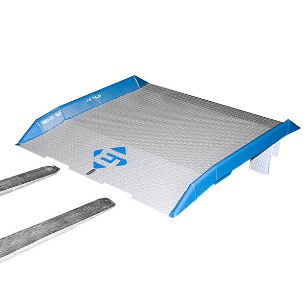 A blue and silver rectangular metal plate with two handles.