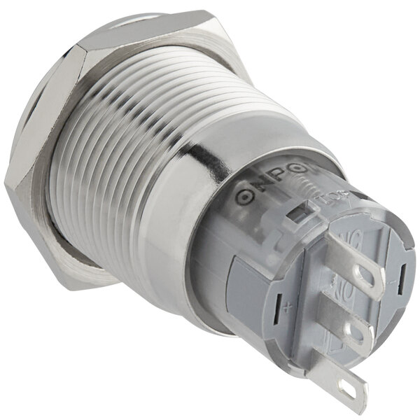 A silver metal stop button with a plastic plug.