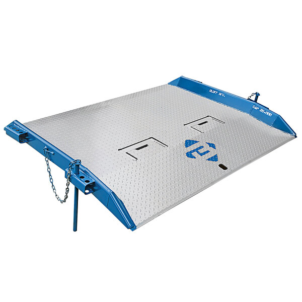 A Bluff Manufacturing steel dock board with steel lock pins and blue trim.