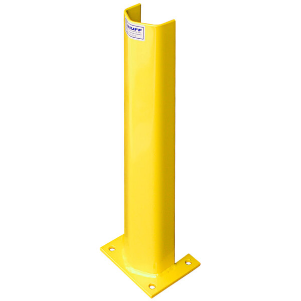 A yellow rectangular steel post protector for Bluff Manufacturing.