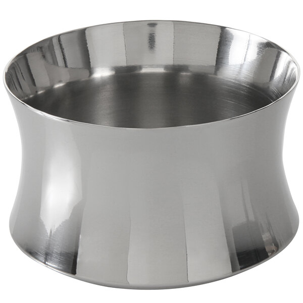 A silver bowl with a curved edge on a white background.