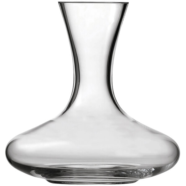 A Schott Zwiesel clear glass decanter with a curved base and a neck.