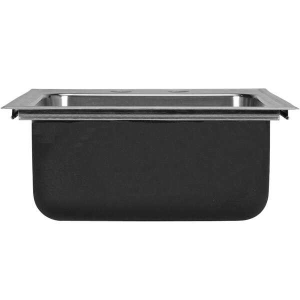 A black stainless steel rectangular sink bowl with a rear center drain.