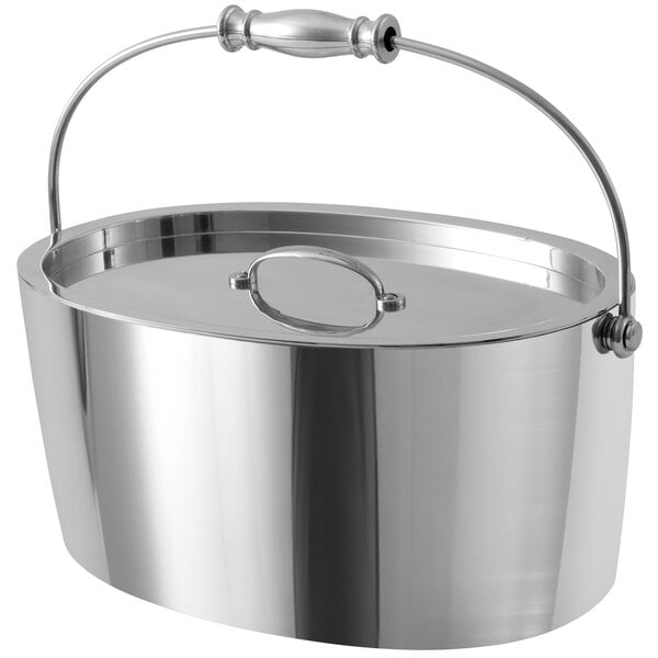 A stainless steel Fortessa Crafthouse oval ice bucket with a lid and handle.