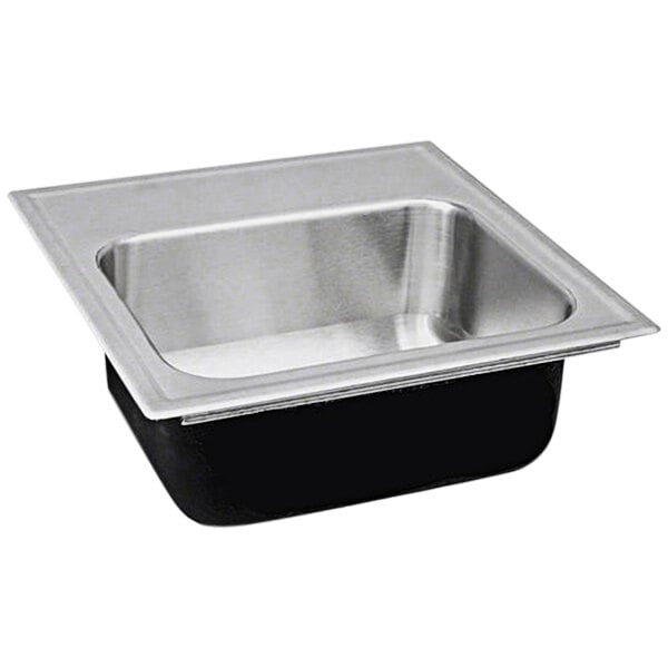 A stainless steel Just Manufacturing sink bowl with a rear center drain.