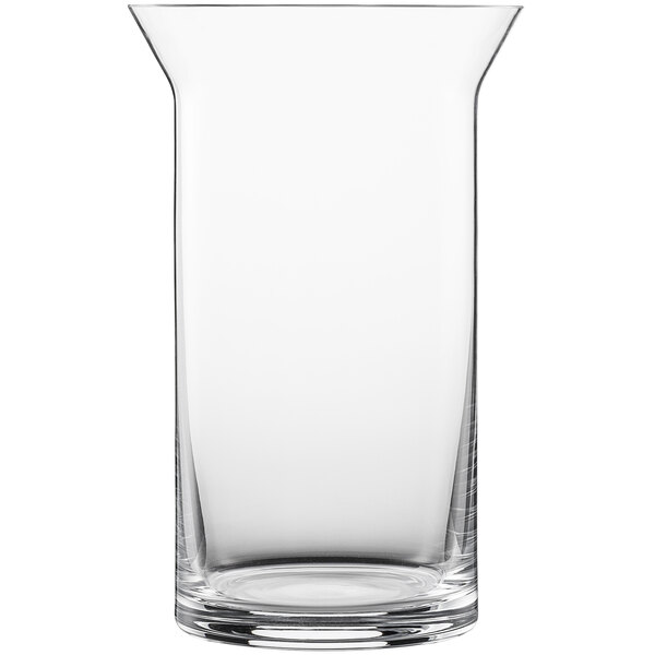A clear glass vase with a curved top.