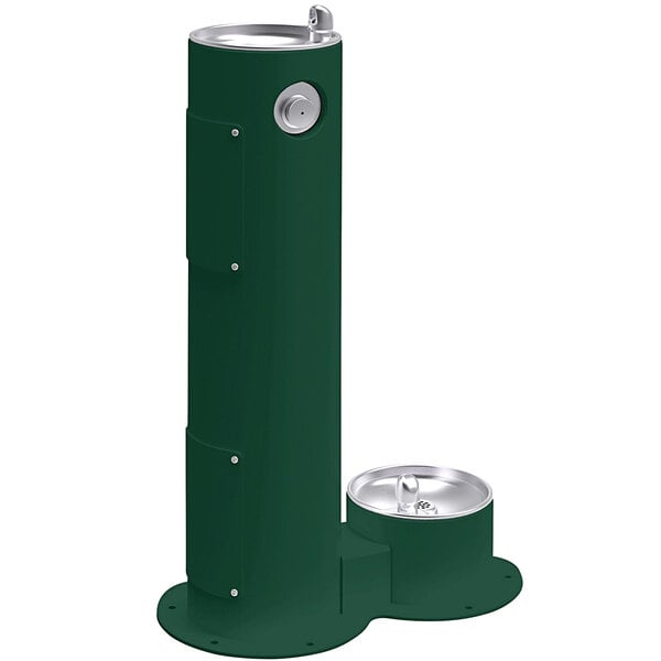 An Evergreen Elkay outdoor pedestal drinking fountain with two bowls, one for people and one for pets.