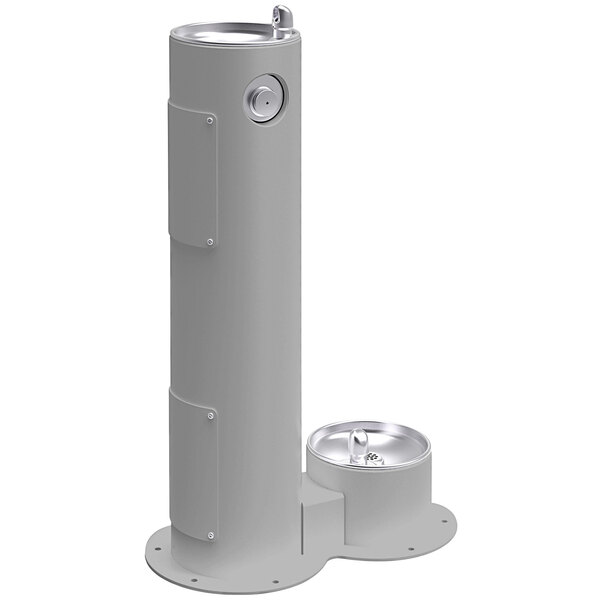 A grey Elkay outdoor pedestal drinking fountain with a pet station and two fountains.