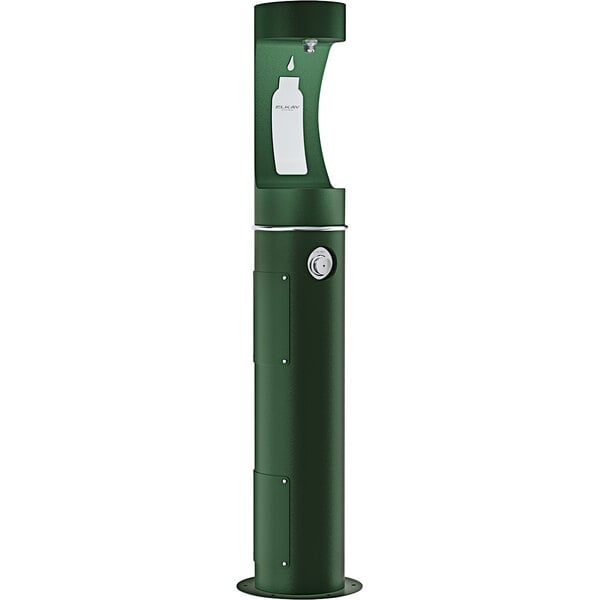 An Elkay Evergreen outdoor water fountain with a green cylinder and round knob.