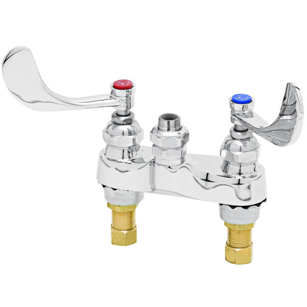 A chrome T&S deck mount medical lavatory faucet base with two silver quarter turn wrist action handles.