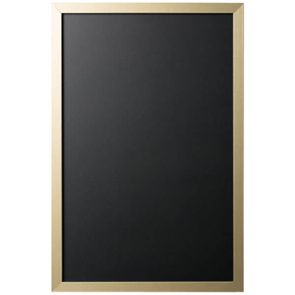 A white rectangular menu board with a black board and gold border.