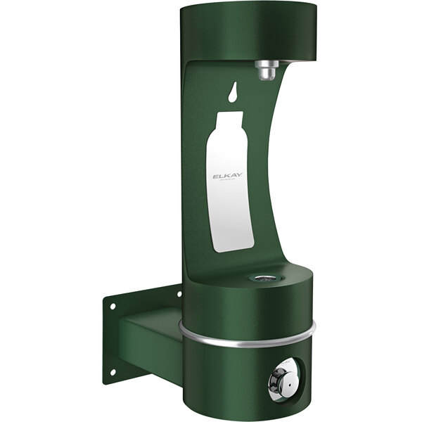 An Elkay green wall mount water bottle filling station with a white label.