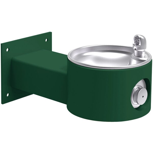 An Evergreen and silver wall mounted drinking fountain with a metal bowl.