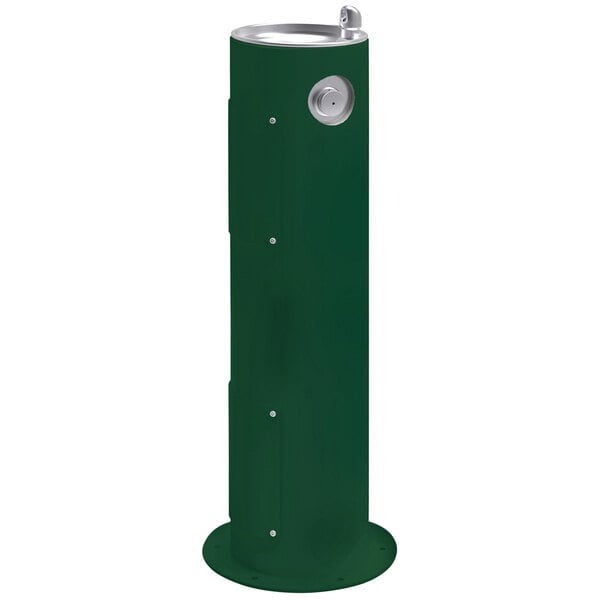 An Evergreen and silver Elkay water fountain on a green metal pedestal.