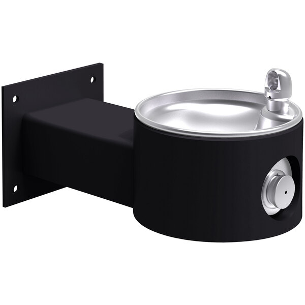 An Elkay black and silver wall mounted drinking fountain with a metal bowl.
