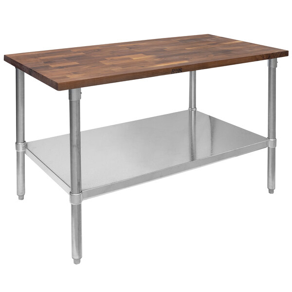 A John Boos wood top work table with a galvanized base and adjustable metal undershelf.