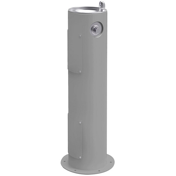 An Elkay grey metal vertical pedestal drinking fountain with a water spout.