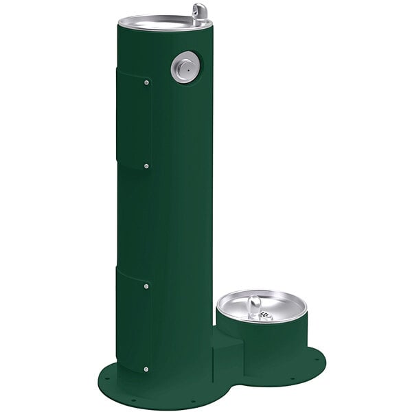 An Evergreen Elkay outdoor pedestal drinking fountain with a pet station.