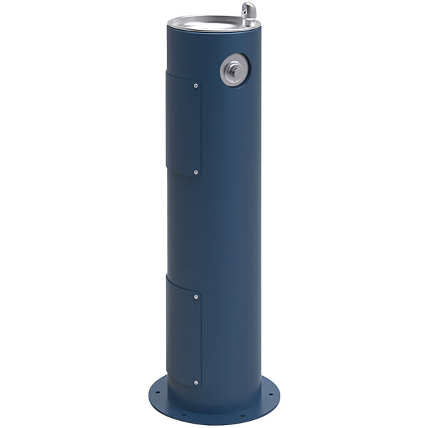 A blue cylindrical Elkay outdoor drinking fountain with a silver cap.