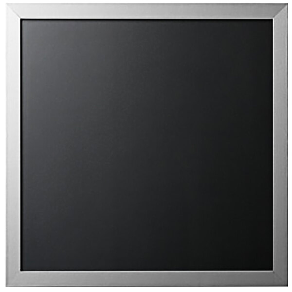 A black MasterVision chalk board with a white border hanging on a wall.